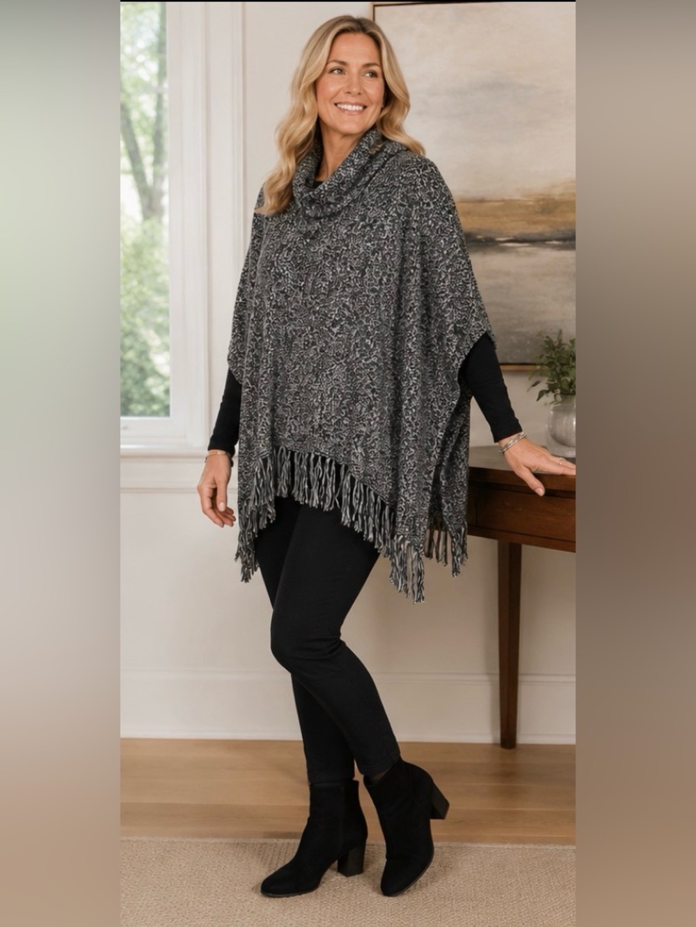 White House/Black Market Turtleneck Poncho with Fringe Finish